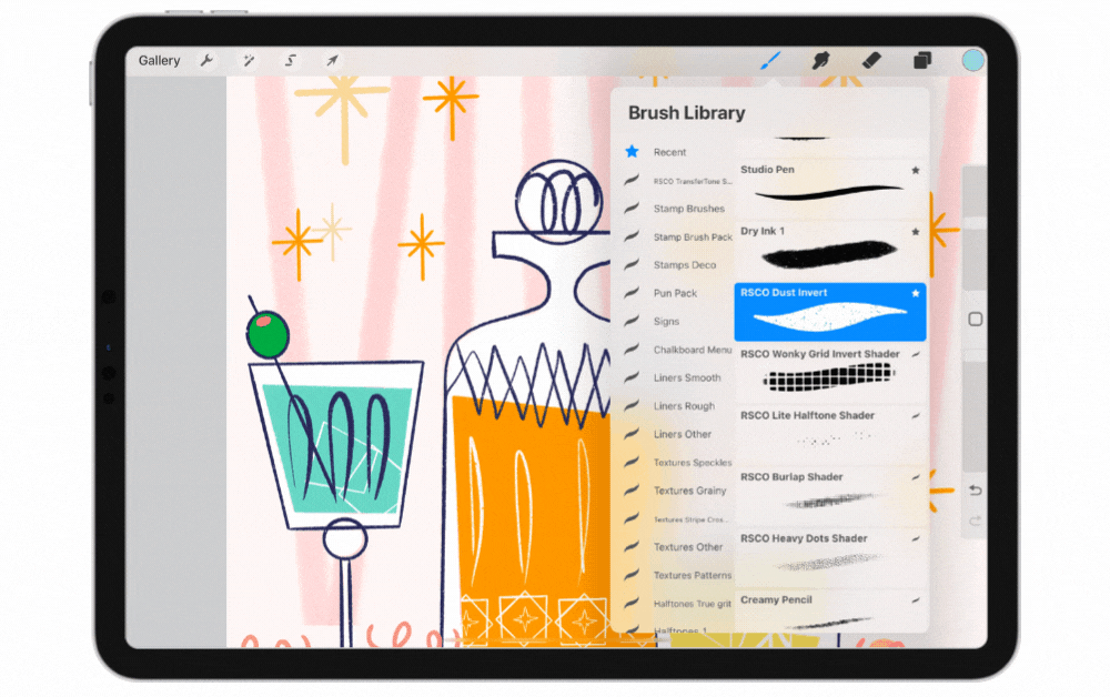 Pin your brushes to the recent tab to save them as favourites in Procreate