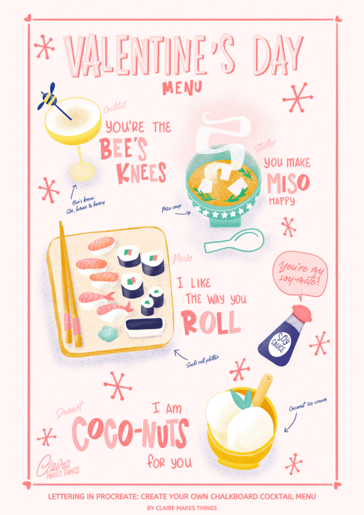 Menu design for Valentine's day with puns