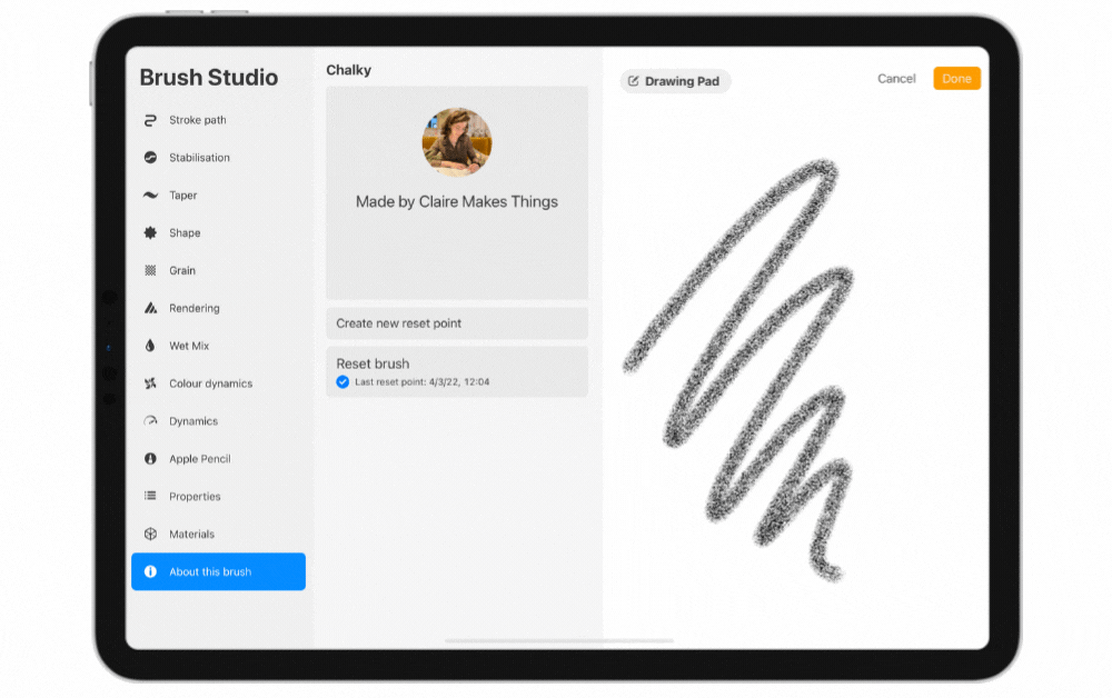 Create new reset points in the Brush studio to keep the original brush settings in Procreate 